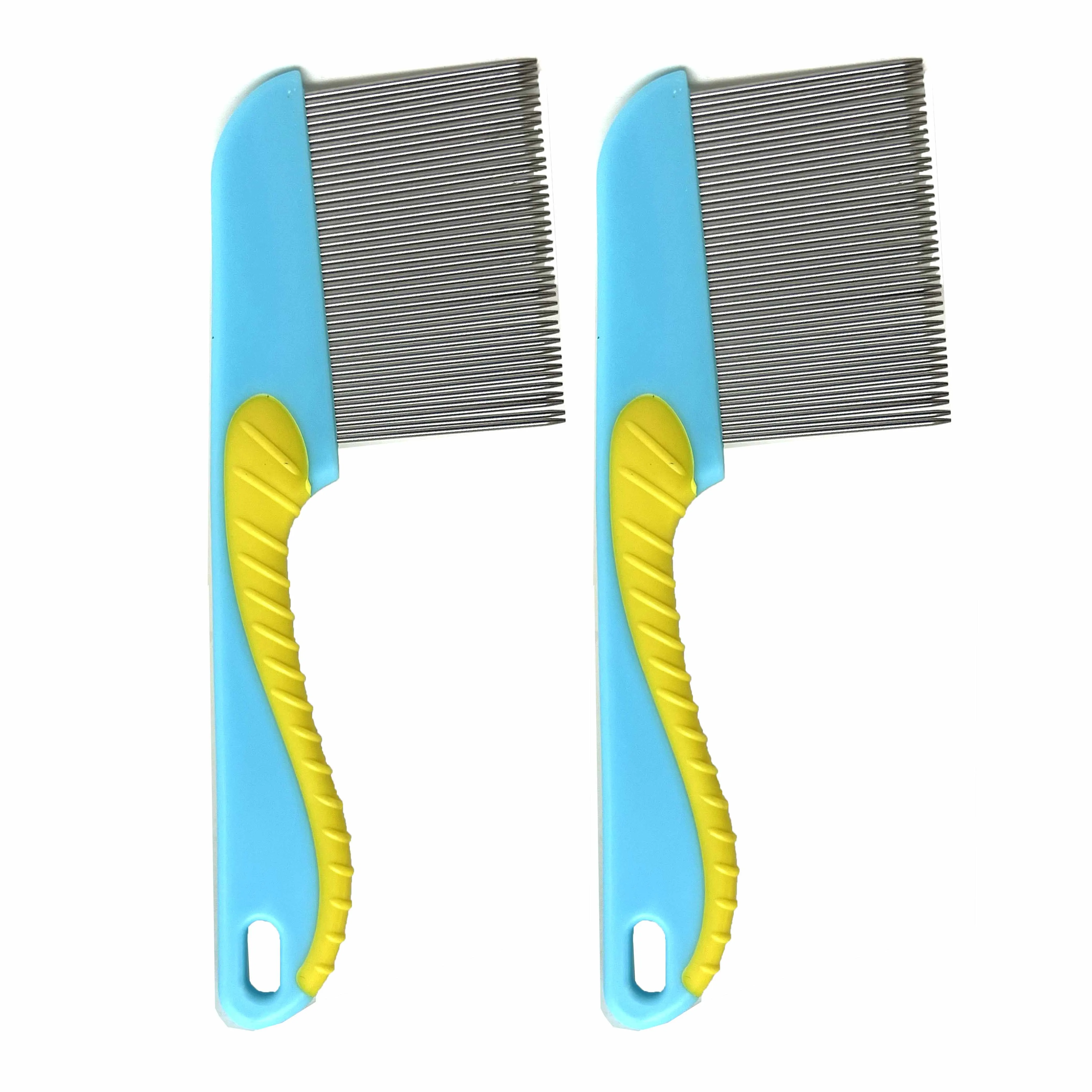 2 Pc Stainless Steel Pet Hair Comb Metal Teeth Dog Cat Flea Brush Grip Grooming