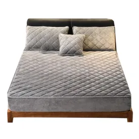 Anyhouz Mattress Cover Gray 90x200cm Crystal Velvet Thicken Quilted Warm Soft Plush Bed Sheet