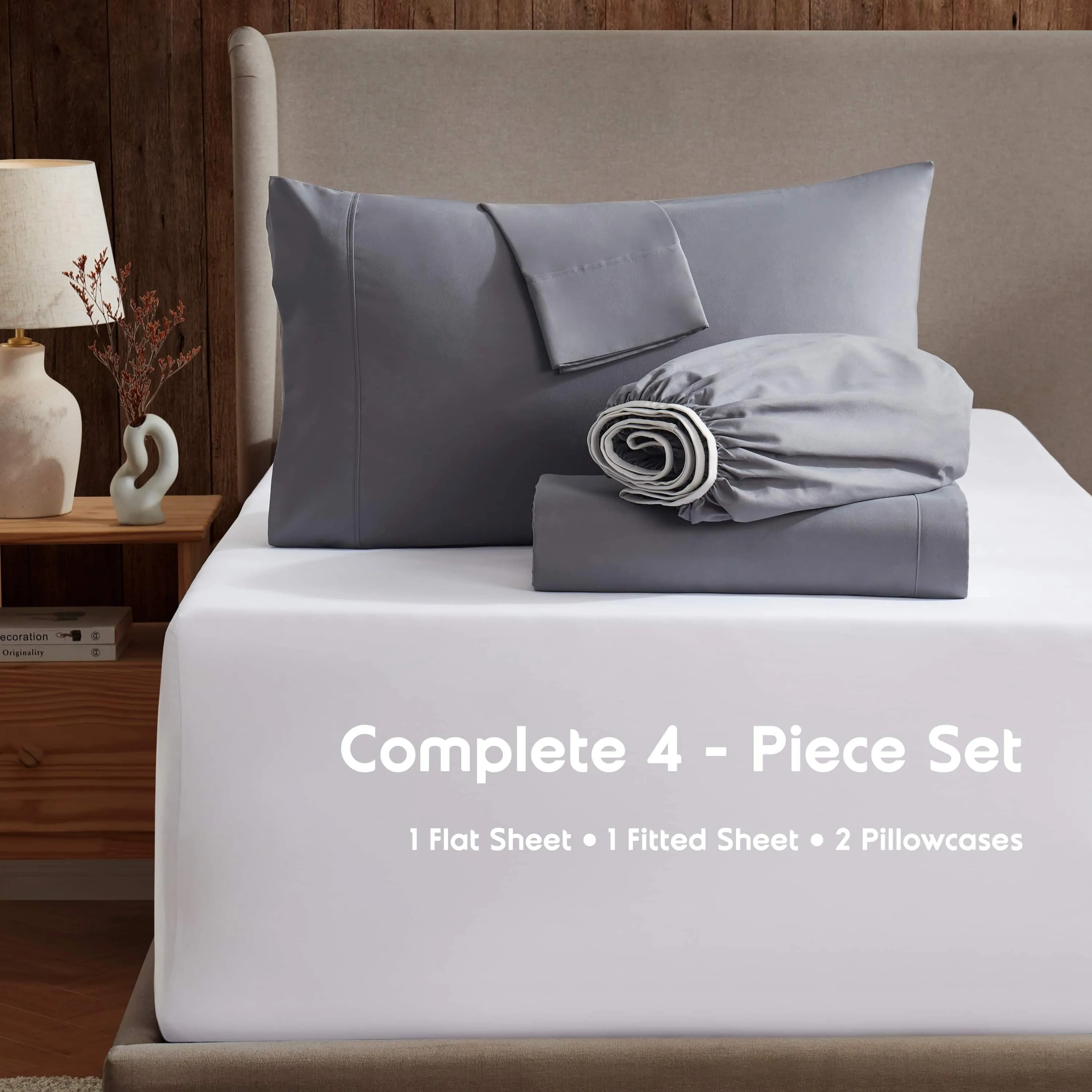 Clara Clark Bed Sheets Set, 1800 Series Deep Pocket Soft Microfiber 4 Piece Queen Sheet Sets, Gray