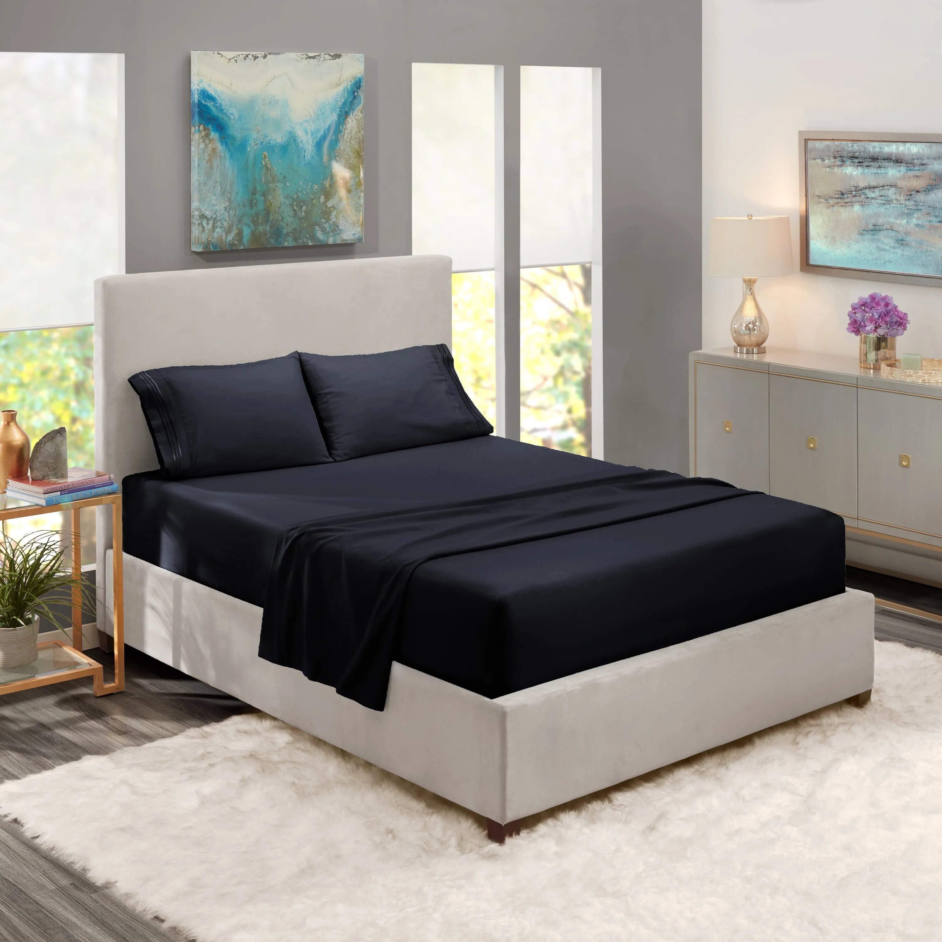 Clara Clark Split King Size Deep Pocket 5 Piece Bed Sheets Set, 1800 Series Hotel Luxury Soft Microfiber, Black