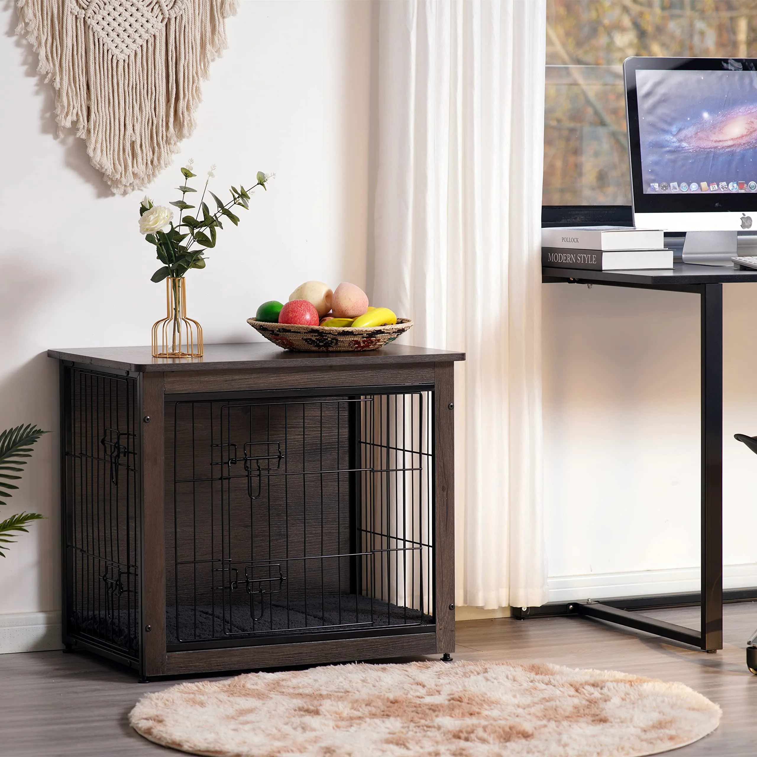 Dog Crate Furniture with Cushion, Wooden Crate with Double Doors, Dog Kennel Indoor for Small/Medium/Large Dog