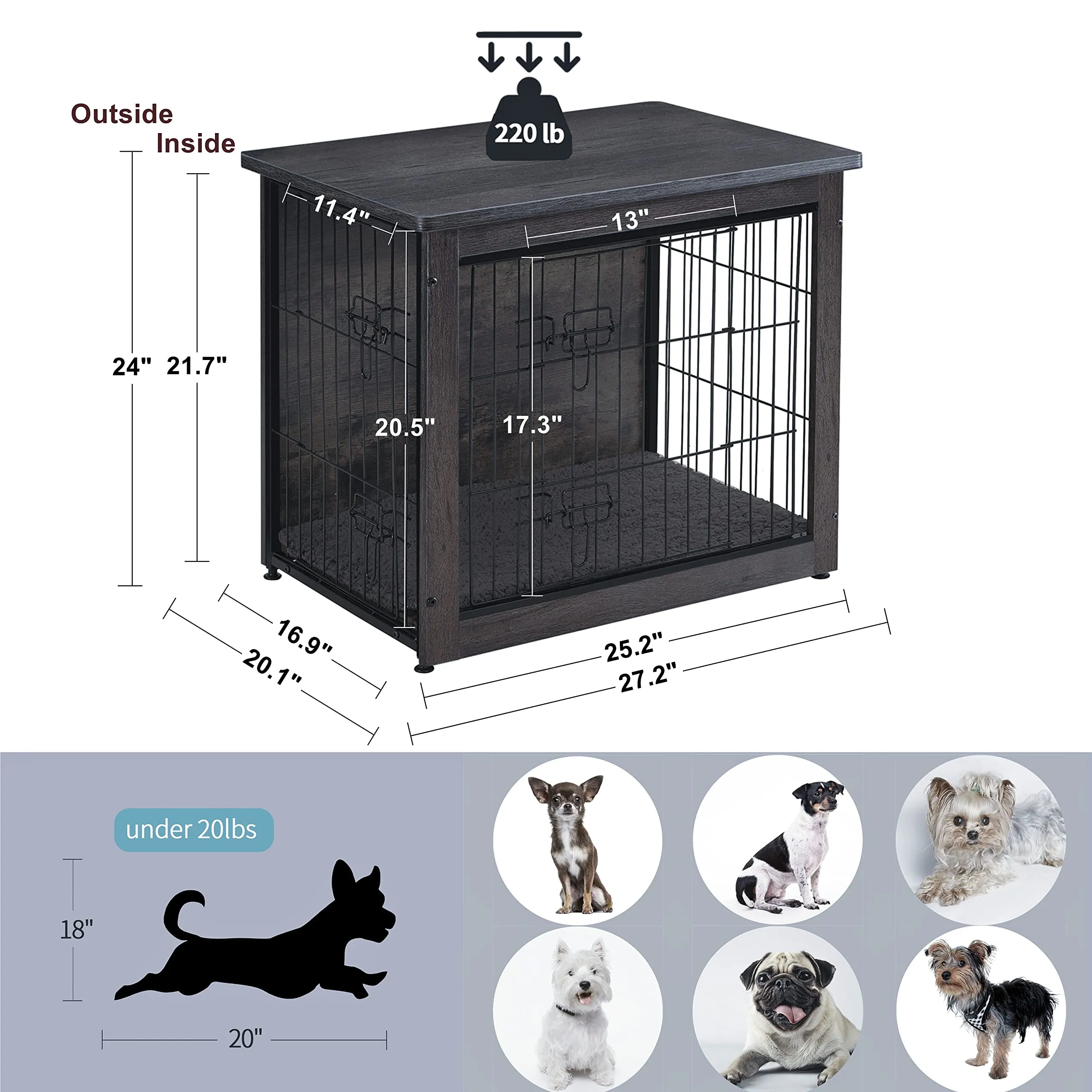 Dog Crate Furniture with Cushion, Wooden Crate with Double Doors, Dog Kennel Indoor for Small/Medium/Large Dog