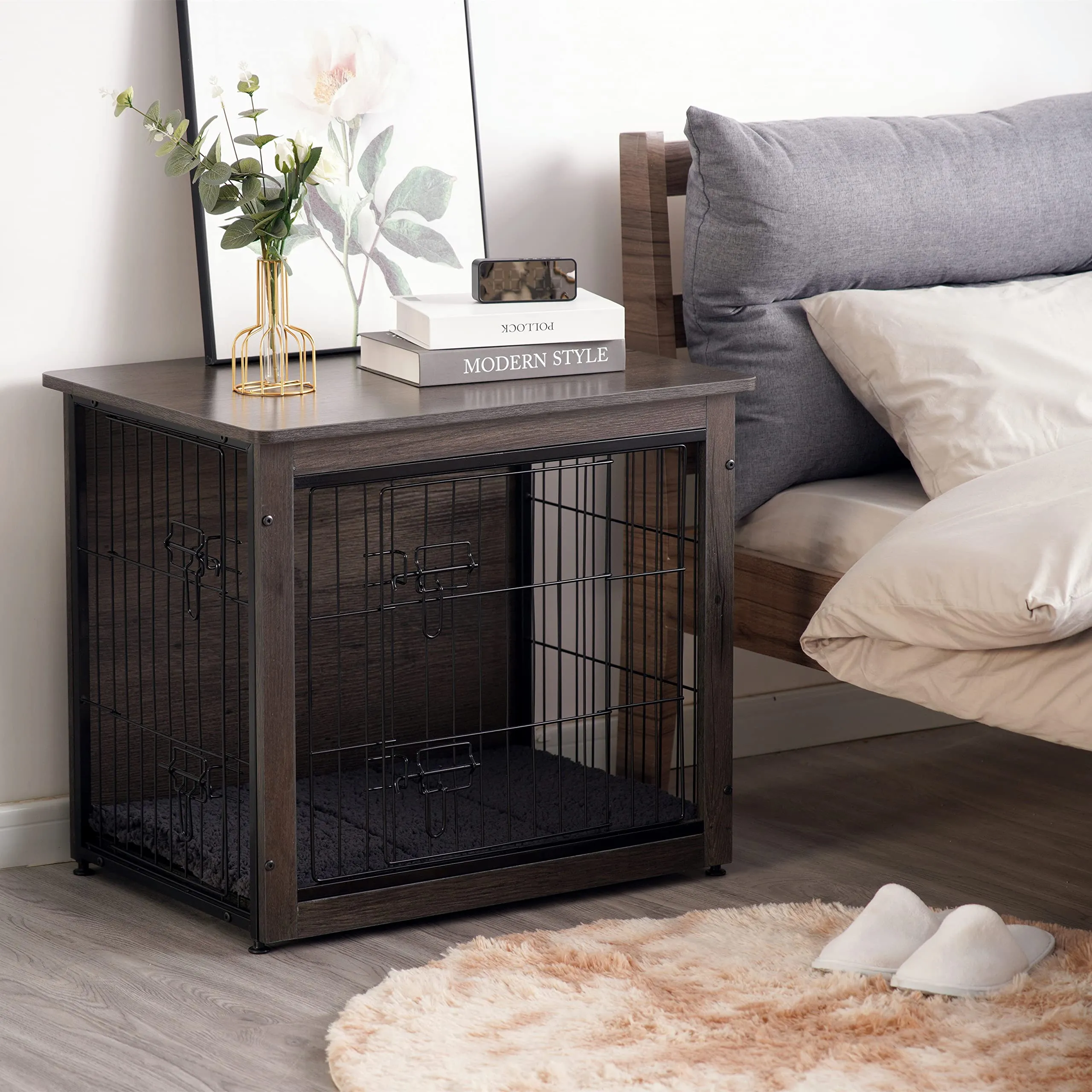 Dog Crate Furniture with Cushion, Wooden Crate with Double Doors, Dog Kennel Indoor for Small/Medium/Large Dog