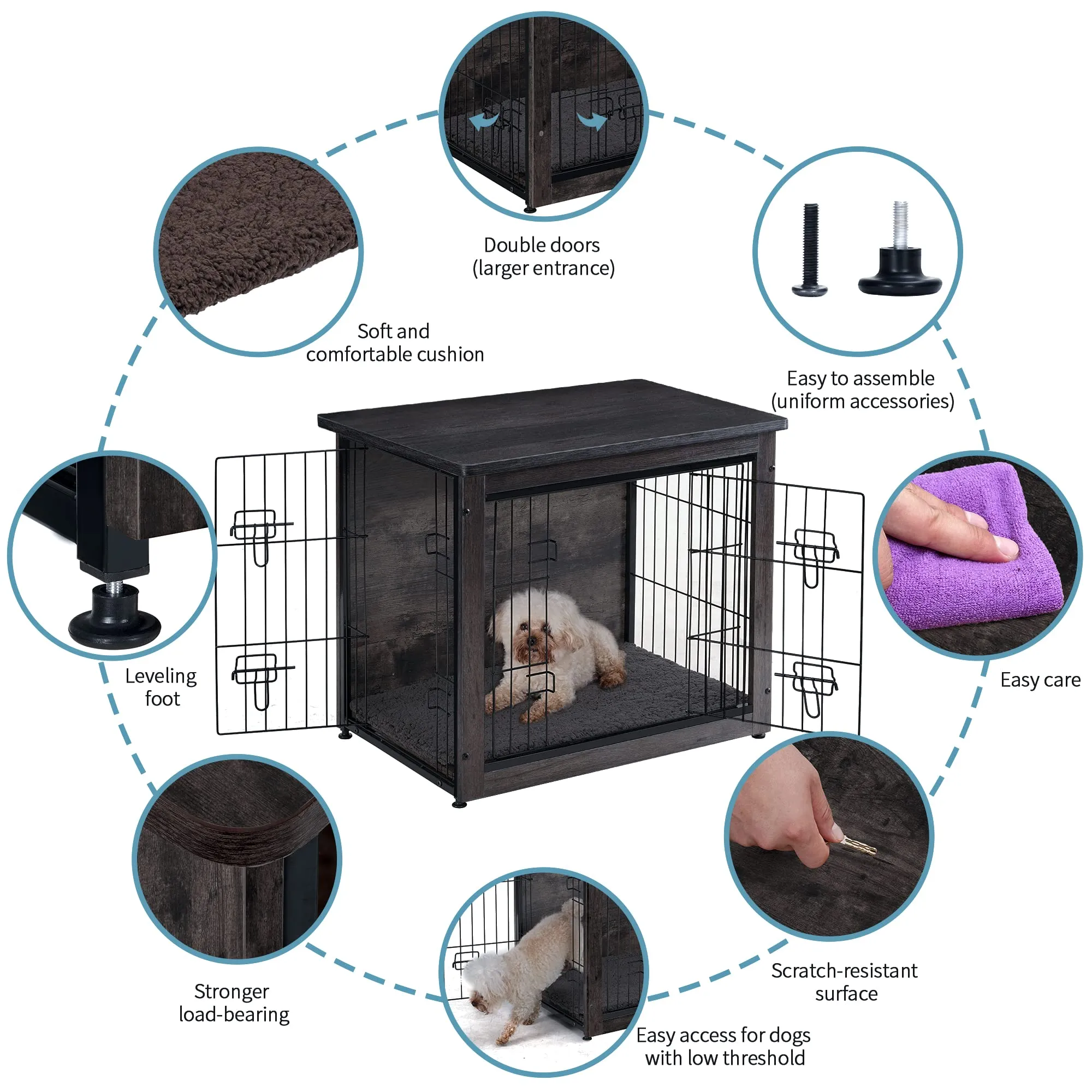Dog Crate Furniture with Cushion, Wooden Crate with Double Doors, Dog Kennel Indoor for Small/Medium/Large Dog