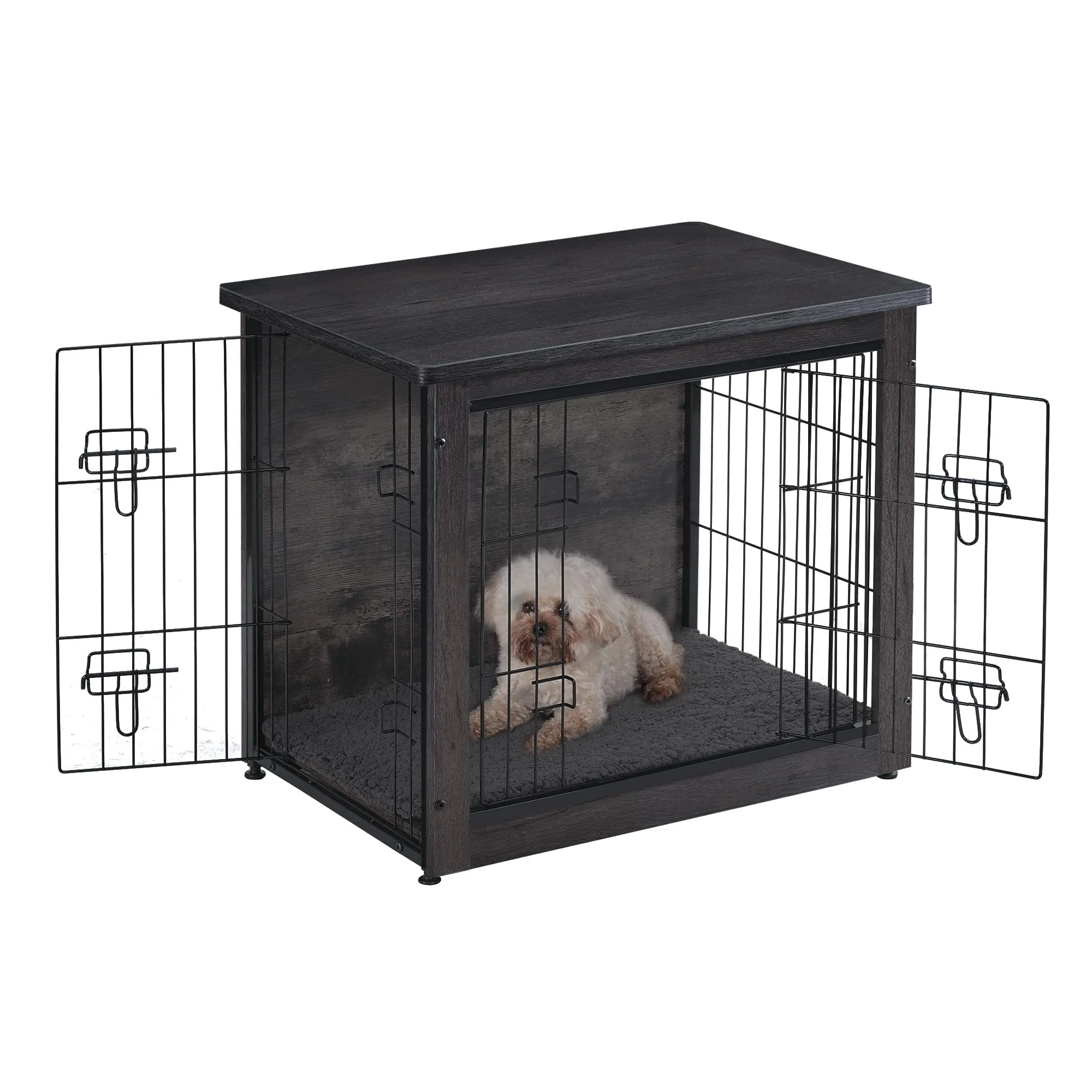 Dog Crate Furniture with Cushion, Wooden Crate with Double Doors, Dog Kennel Indoor for Small/Medium/Large Dog