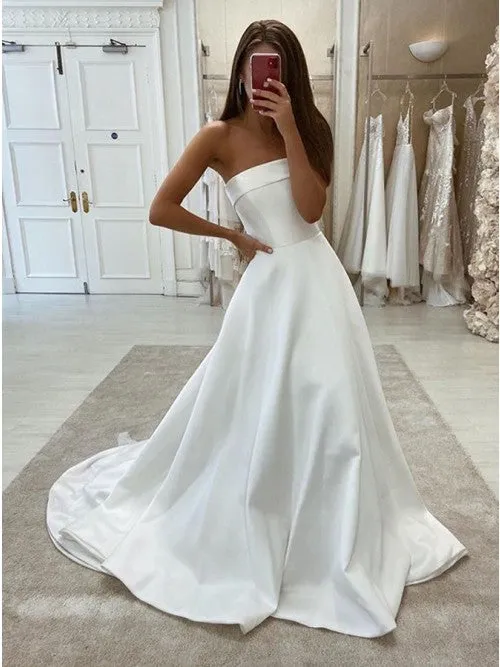 Elegant Strapless Ball Gown White Satin Wedding Dresses VK0801003