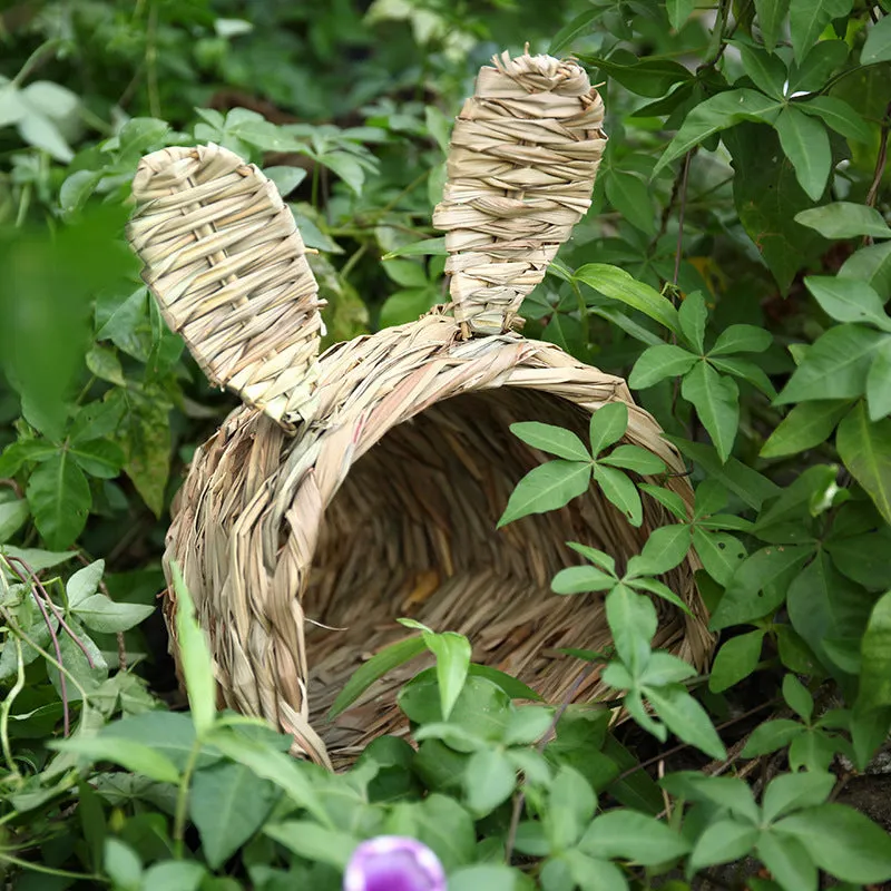 Happy Bunnies Chewable Pet Rabbit Handmade Straw Woven Tunnel with Bunny Ears in Size Small 8” x 8” x 7” / Medium 10” x 10” x 9”