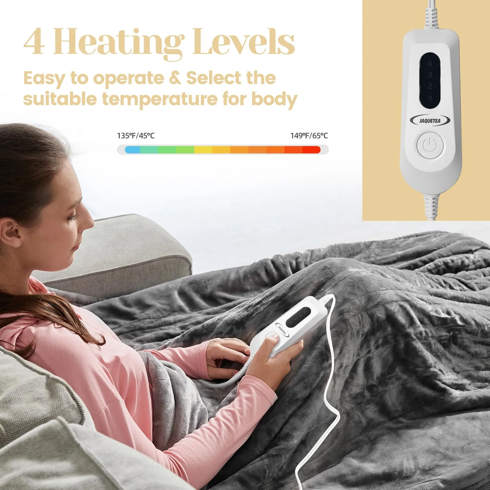 JAQUETEA Heated Blanket Electric Throw Blanket- 50''x60'' Heating Blanket Throw 4 Hours Auto-Off & 4 Heating Levels Over-Heat Protection, Machine Washable Flannel Sherpa,Electric ETL Certification
