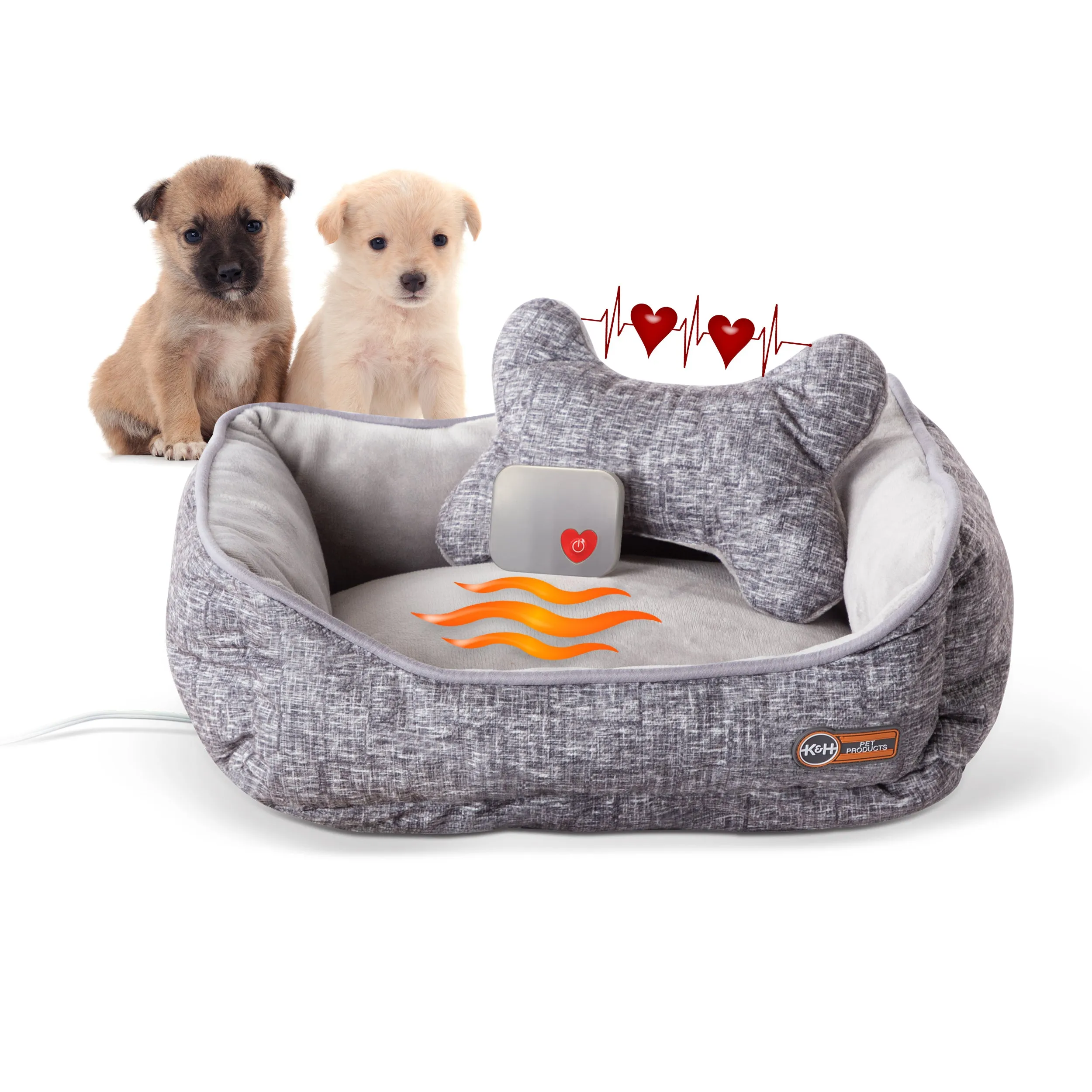 K&H Mother's Heartbeat Heated Puppy Pet Bed with Bone Pillow
