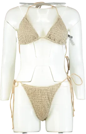 PrettyLittleThing Beige Crinkle Bikini Set UK 10