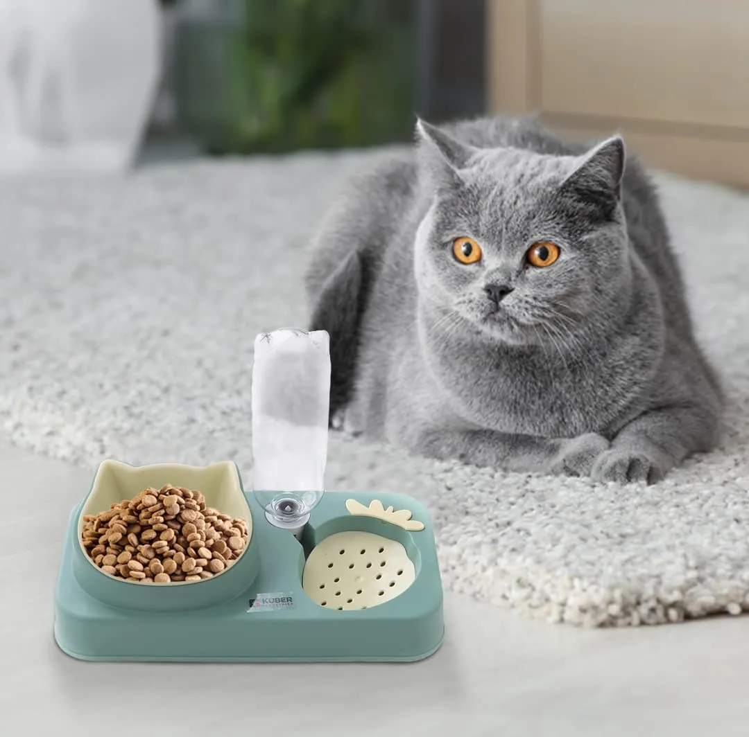 Urbane Home 2-in-1 Cat & Dog Bowl Set With Replaceable Water Bottle|Detachable Cat Bowl Set|Premium PP & ABS Plastic|Non-Toxic|Suitable For Small & Medium Pets|PT303M|Light Green