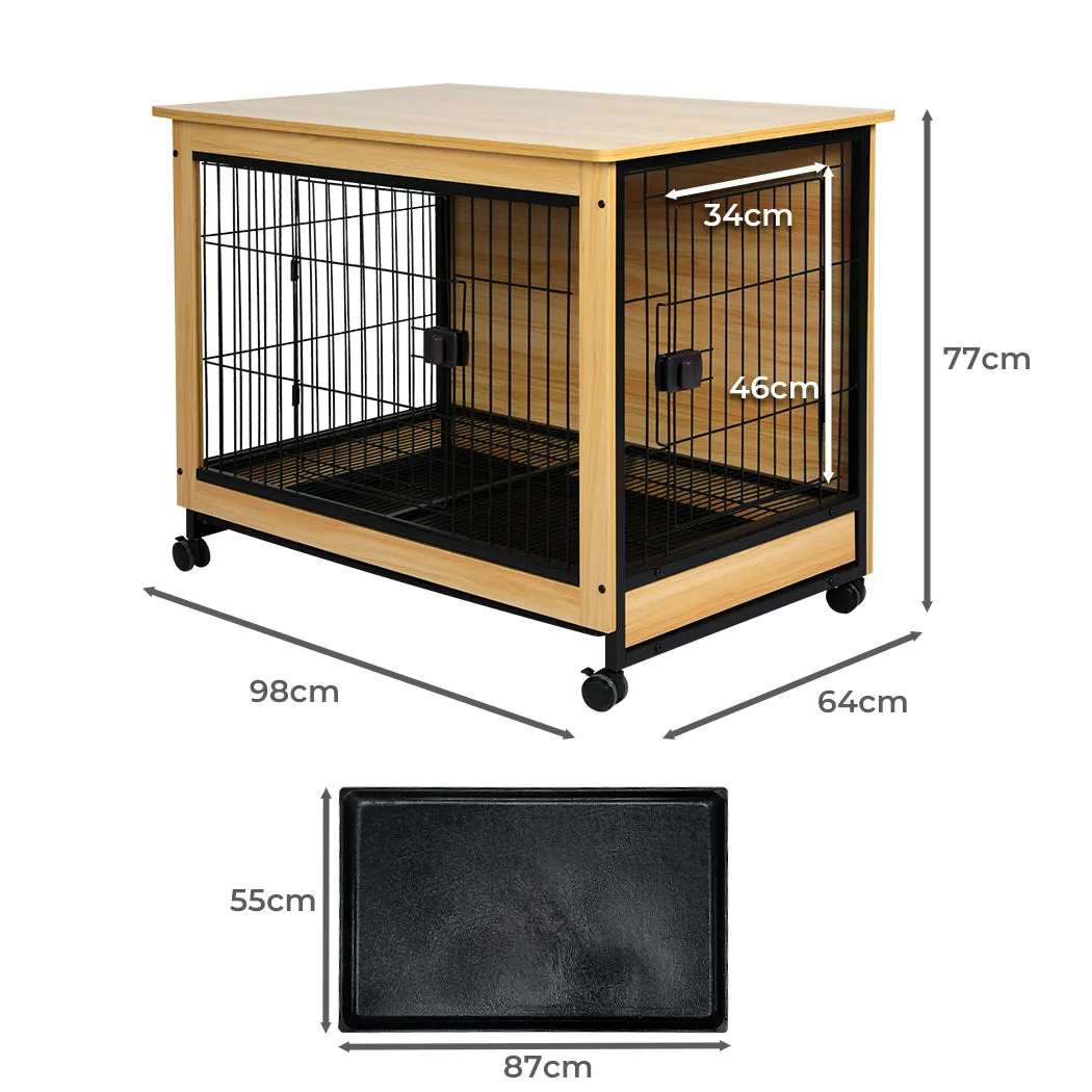 Wooden Wire Dog Kennel Side End Table Steel Puppy Crate Indoor Pet House XL - Wood XL